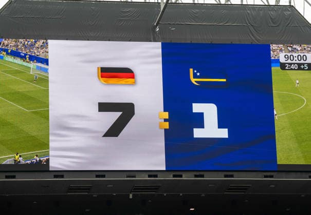 Fußball, Herren, FIFA World Cup, WM, Weltmeisterschaft, Fussball 2026 in Mexiko, Kanada und USA, Spiel in Houston (Gruppe E, 1. Spieltag), Deutschland - Curacao, Anzeigetafel mit 7:1-Endstand, 14.06. 2026,