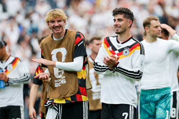 Nick Woltemade (Germany) und Kai Havertz (Germany) look on during the FIFA World Cup, WM, Weltmeisterschaft, Fussball 2026 Group E match between Germany and Curacao at Houston Stadium on June 14, 2026 in Houston, United States. (Photo by Torbjorn Tande DeFodi Images) -