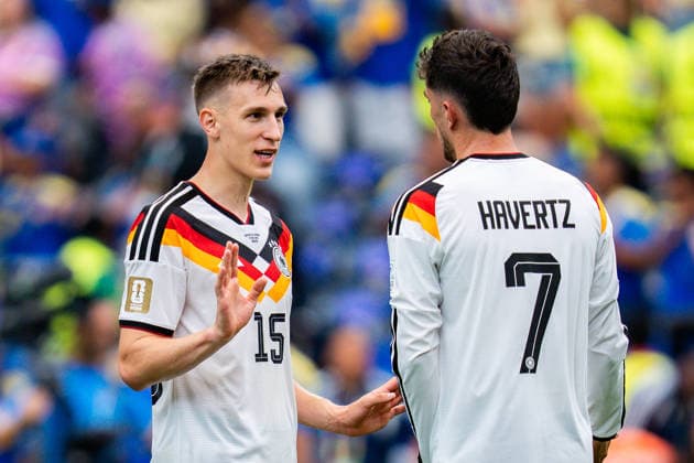 FIFA Fussball Weltmeisterschaft 2026, Gruppe E, Spiel 1, Deutschland vs. Curacao, 14.06.2026 im NRG Stadium in Houston, Texas Jubel nach Abpfiff bei Leroy Sane, Nico Schlotterbeck und Kai Havertz