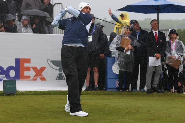 June 14, 2026: Sudarshan Yellamaraju of Canada tees off in the rain during the final round of the RBC Canadian Open held at TPC Toronto at Osprey Valley in Caledon Ontario, Canada. CSM Caledon Canada - ZUMAc04_ 20260614_zma_c04_020 Copyright: xDanielxLeax