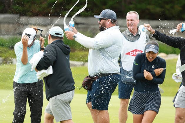 Dow Championship MIDLAND, MICHIGAN - JUNE 14: Yana Wilson (R) and Gina Kim (L) of the United States are showered with water after winning the Dow Championship at Midland Country Club in Midland, Michigan, USA on Sunday, June 14, 2026. Midland Michigan United States  Copyright: xJorgexLemusx originalFilename:lemus-dowchamp260614_npG1W.jpg
