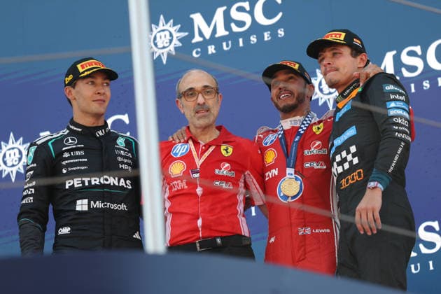 The podium for the Barcelona-Catalunya Grand Prix, the seventh round of the 2026 Formula 1 World Championship, WM, Weltmeisterschaft which took place on June 14, 2026, at the Circuit de Barcelona-Catalunya in Spain (ESP). First : 44 Lewis Hamilton (GBR) Scuderia Ferrari HP (ITA) Ferrari SF-26 Second : 63 George Russell (GBR) Mercedes-AMG PETRONAS Formula One Team (DEU) Mercedes-AMG F1 W17 E Performance Third : 1 Lando Norris (GBR) McLaren Mastercard F1 Team (GBR) MCL40A Mercedes (Photo by Philippe Nanchino Eurasia Images) Barcelona Circuit de Barcelona Catalunya Spain