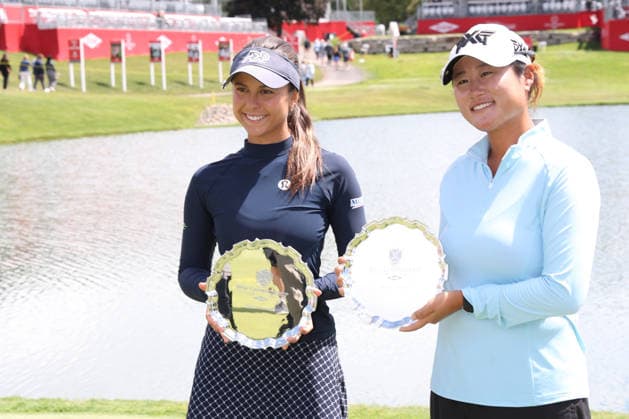 Dow Championship MIDLAND, MICHIGAN - JUNE 14: Yana Wilson (L) and Gina Kim (R) pose with the trophy after winning the Dow Championship at Midland Country Club in Midland, Michigan, USA on Sunday, June 14, 2026. Midland Michigan United States  Copyright: xJorgexLemusx originalFilename:lemus-dowchamp260614_npqHR.jpg