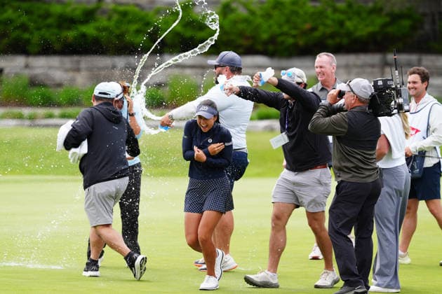 MIDLAND, MI - JUNE 14: LPGA, Golf Damen golfer Yana Wilson gets doused by water from her caddie on June 14, 2026, after winning the LPGA Dow Championship at Midland Country Club in Midland, Michigan. (Photo by Brian Spurlock Icon Sportswire) GOLF: JUN 14 LPGA Dow Championship EDITORIAL USE ONLY Icon26061465
