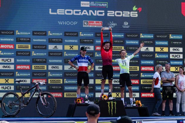 MOUNTAINBIKE - UCI MTB World Series LEOGANG,AUSTRIA,14.JUN.26 - CYCLING, MOUNTAIN BIKE - UCI Mountainbike World Cup, Cross-Country Olympic. Image shows Luca Martin (FRA), Adrien Boichis (FRA) and Riley Amos (USA).  GEPAxpictures xJulioxArellano