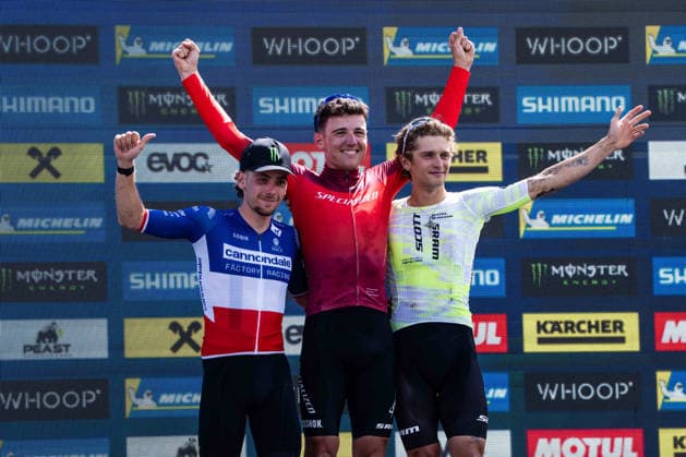 MOUNTAINBIKE - UCI MTB World Series LEOGANG,AUSTRIA,14.JUN.26 - CYCLING, MOUNTAIN BIKE - UCI Mountainbike World Cup, Cross-Country Olympic. Image shows Luca Martin (FRA), Adrien Boichis (FRA) and Riley Amos (USA).  GEPAxpictures xJulioxArellano
