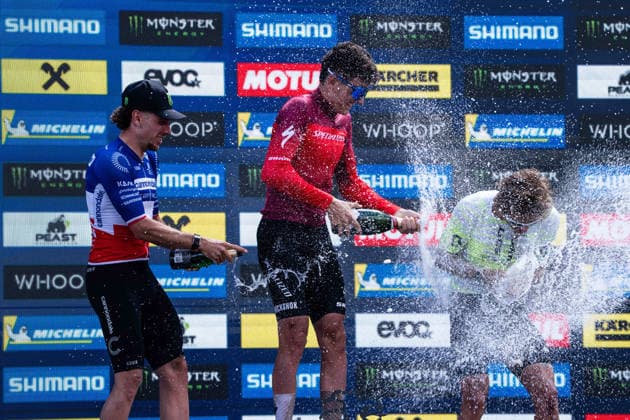 MOUNTAINBIKE - UCI MTB World Series LEOGANG,AUSTRIA,14.JUN.26 - CYCLING, MOUNTAIN BIKE - UCI Mountainbike World Cup, Cross-Country Olympic. Image shows Luca Martin (FRA), Adrien Boichis (FRA) and Riley Amos (USA).  GEPAxpictures xJulioxArellano
