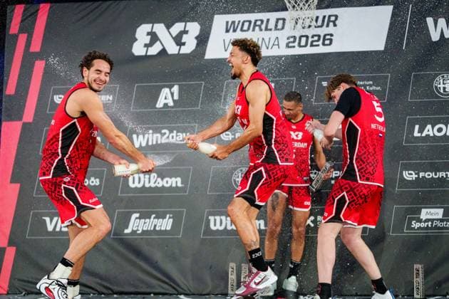 BASKETBALL - FIBA 3x3 World Tour VIENNA,AUSTRIA,14.JUN.26 - BASKETBALL - FIBA 3x3 World Tour. Image shows the team of NED during champagne shower.  GEPAxpictures xEdgarxEisner