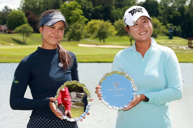 Dow Championship Midland, MI - JUNE 14: Winners Gina Kim and rookie Yana Wilson of the United States pose with the trophy during the award ceremony at the conclusion of the final round of the Dow Championship at Midland Country Club on June 14, 2026 in Midland, Michigan. Midland Michigan United States  Copyright: xAmyxLemusx originalFilename:lemus-dowchamp260614_npvkN.jpg