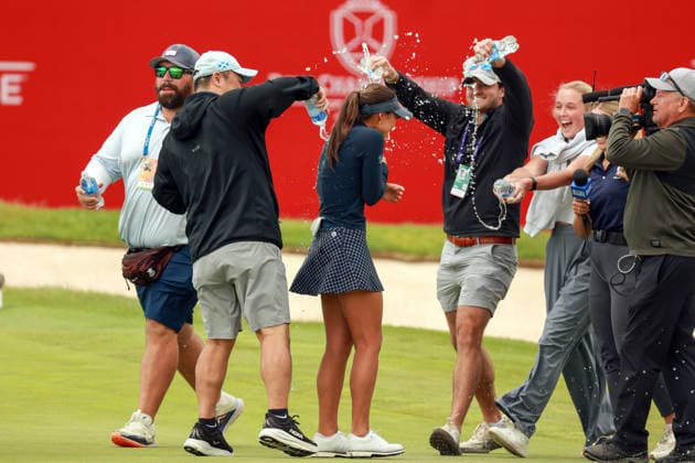 Dow Championship Midland, MI - JUNE 14: Winners and rookie Yana Wilson of the United States is showered with water at the conclusion of the final round of the Dow Championship at Midland Country Club on June 14, 2026 in Midland, Michigan. Midland Michigan United States  Copyright: xAmyxLemusx originalFilename:lemus-dowchamp260614_npP2k.jpg