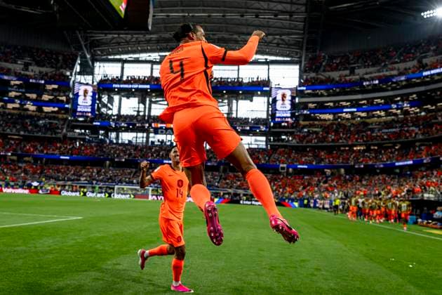 DALLAS - Virgil van Dijk of the Netherlands celebrates his 1-0 goal during the Netherlands vs. Japan match at the 2026 World Cup in AT&T Stadium on June 14, 2026, in Dallas, United States. (Photo by Stefan Koops EYE4IMAGES DeFodi Images) -