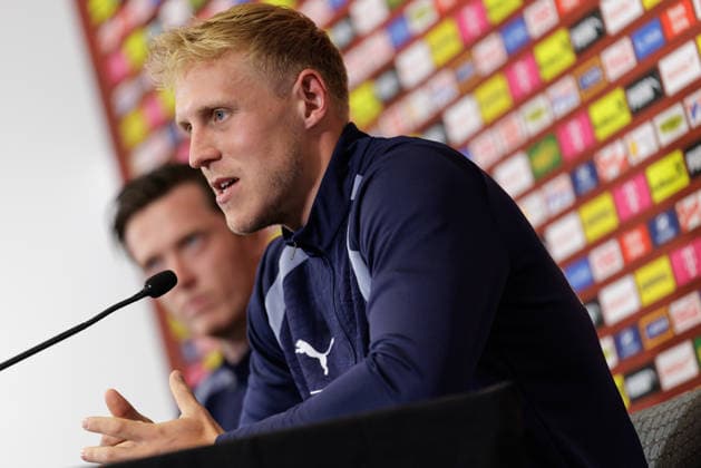 SOCCER - FIFA World Cup, WM, Weltmeisterschaft, Fussball 2026, preview SANTA BARBARA,CALIFORNIA,USA,14.JUN.26 - SOCCER - FIFA World Cup 2026, USA, Mexico, Canada, preview, OEFB, Oesterreichischer Fussball-Bund, press conference, PK, Pressekonferenz team AUT. Image shows Michael Gregoritsch and Xaver Schlager (AUT).  GEPAxpictures xArminxRauthner