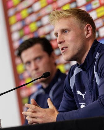 SOCCER - FIFA World Cup, WM, Weltmeisterschaft, Fussball 2026, preview SANTA BARBARA,CALIFORNIA,USA,14.JUN.26 - SOCCER - FIFA World Cup 2026, USA, Mexico, Canada, preview, OEFB, Oesterreichischer Fussball-Bund, press conference, PK, Pressekonferenz team AUT. Image shows Michael Gregoritsch and Xaver Schlager (AUT).  GEPAxpictures xArminxRauthner