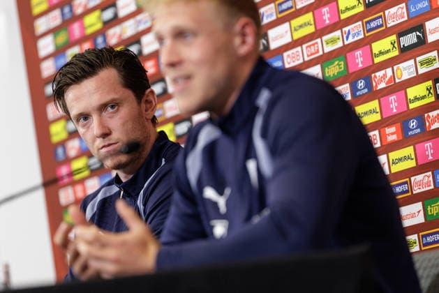 SOCCER - FIFA World Cup, WM, Weltmeisterschaft, Fussball 2026, preview SANTA BARBARA,CALIFORNIA,USA,14.JUN.26 - SOCCER - FIFA World Cup 2026, USA, Mexico, Canada, preview, OEFB, Oesterreichischer Fussball-Bund, press conference, PK, Pressekonferenz team AUT. Image shows Michael Gregoritsch and Xaver Schlager (AUT).  GEPAxpictures xArminxRauthner