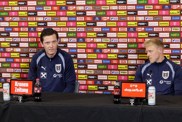 SOCCER - FIFA World Cup, WM, Weltmeisterschaft, Fussball 2026, preview SANTA BARBARA,CALIFORNIA,USA,14.JUN.26 - SOCCER - FIFA World Cup 2026, USA, Mexico, Canada, preview, OEFB, Oesterreichischer Fussball-Bund, press conference, PK, Pressekonferenz team AUT. Image shows Michael Gregoritsch and Xaver Schlager (AUT).  GEPAxpictures xArminxRauthner