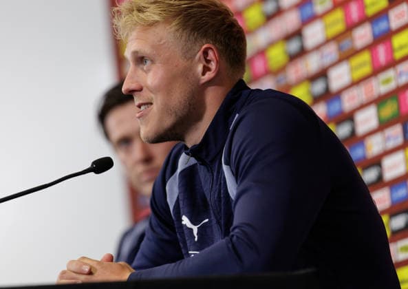 SOCCER - FIFA World Cup, WM, Weltmeisterschaft, Fussball 2026, preview SANTA BARBARA,CALIFORNIA,USA,14.JUN.26 - SOCCER - FIFA World Cup 2026, USA, Mexico, Canada, preview, OEFB, Oesterreichischer Fussball-Bund, press conference, PK, Pressekonferenz team AUT. Image shows Michael Gregoritsch and Xaver Schlager (AUT).  GEPAxpictures xArminxRauthner