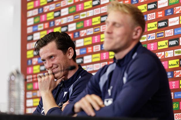 SOCCER - FIFA World Cup, WM, Weltmeisterschaft, Fussball 2026, preview SANTA BARBARA,CALIFORNIA,USA,14.JUN.26 - SOCCER - FIFA World Cup 2026, USA, Mexico, Canada, preview, OEFB, Oesterreichischer Fussball-Bund, press conference, PK, Pressekonferenz team AUT. Image shows Michael Gregoritsch and Xaver Schlager (AUT).  GEPAxpictures xArminxRauthner