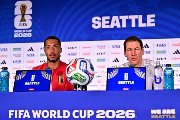 Belgium s Youri Tielemans and Belgium s head coach Rudi Garcia a press conference, PK, Pressekonferenz of Belgian national soccer team Red Devils, at the basecamp in Seattle, USA on Sunday 14 June 2026, ahead of their first game tomorrow against Egypt at the FIFA World Cup, WM, Weltmeisterschaft, Fussball 2026. DIRKxWAEM  x177670461x