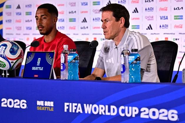 Belgium s Youri Tielemans and Belgium s head coach Rudi Garcia pictured during a press conference, PK, Pressekonferenz of Belgian national soccer team Red Devils, at the basecamp in Seattle, USA on Sunday 14 June 2026, ahead of their first game tomorrow against Egypt at the FIFA World Cup, WM, Weltmeisterschaft, Fussball 2026. DIRKxWAEM  x177670633x