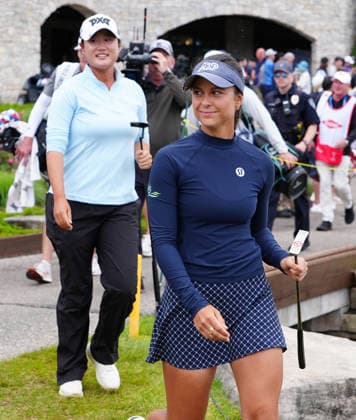 MIDLAND, MI - JUNE 14: PGA, Golf Herren golfers Yana Wilson in navy blue and Gina Kim walk to the 18th green on June 14, 2026, during the final round of the LPGA, Golf Damen Dow Championship at Midland Country Club in Midland, Michigan. (Photo by Brian Spurlock Icon Sportswire) GOLF: JUN 14 LPGA Dow Championship EDITORIAL USE ONLY Icon26061499