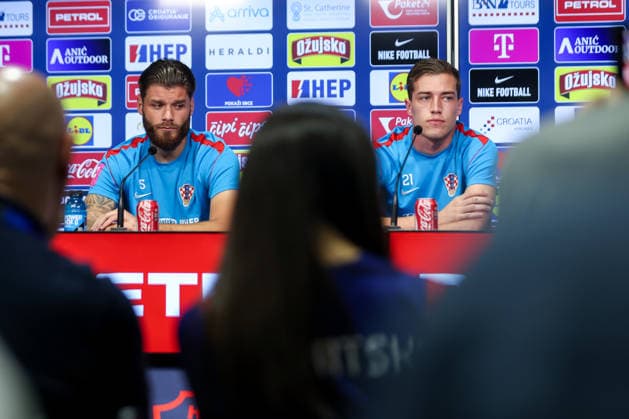 Croatia Training And press conference, PK, Pressekonferenz - FIFA World Cup, WM, Weltmeisterschaft, Fussball 2026 ALEXANDRIA, VIRGINIA - JUNE 14: Duje Caleta Car and Luka Sucic of Croatia speak to the media during the press conference of Croatia national football team at training centre at Episcopal High School on June 14, 2026 in Alexandria, Virginia.  IgorxKralj PIXSELL