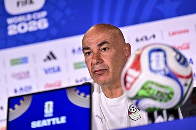 Egypt s head coach Hossam Hassan pictured during a press conference, PK, Pressekonferenz of the Egyptian national soccer team on Sunday 14 June 2026 in Seattle, USA, ahead of their first game tomorrow against Belgian national soccer team Red Devils at the FIFA World Cup, WM, Weltmeisterschaft, Fussball 2026. DIRKxWAEM  x177674493x