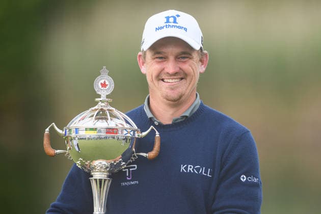 CALEDON, ON - JUNE 14: Bud Cauley of the United States holds the championship trophy after winning the final round of the RBC Canadian Open 2026 at TPC Toronto at Osprey Valley North Course on June 14, 2026 in Caledon, Ontario. (Photo by Julian Avram Icon Sportswire) GOLF: JUN 14 PGA, Golf Herren RBC Canadian Open EDITORIAL USE ONLY Icon2606140056