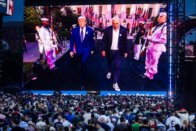 UFC Freedom 250 fan fest on the Ellipse US President Donald Trump (L) and Ultimate Fighting Championship President and CEO Dana White (R) walk toward the octagon for the UFC Freedom 250 event from the Ellipse, outside the South Lawn of the White House in Washington, DC, USA, 14 June 2026. The mixed martial arts event is taking place on the 80th birthday of President Trump. WASHINGTON DC UNITED STATES  Copyright: xJIMxLOxSCALZOx
