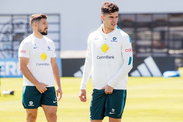 SOCCER AUSTRALIA TRAINING, Socceroos players Cristian Volpato, right, and Mathew Leckie, left, seen during a training session at the Oakland Roots Sports Club in Alameda, California, United States, Sunday, June 14, 2026. ( NO ARCHIVING Alameda California United States  Copyright: xJasonxHenryx 20260615163584258960