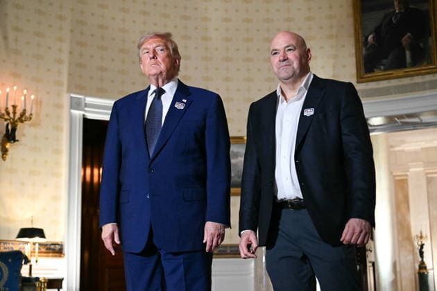 US President Donald Trump hosts UFC Freedom 250 at the White House US President Donald Trump (L) and UFC CEO Dana White (R) stand in the Blue Room of the White House as they prepare to head outside for the UFC Freedom 250 mixed martial arts event in Washington, DC, USA, 14 June 2026. The event is taking place on the 80th birthday of President Trump. Washington District of Columbia United States  Copyright: xSAULxLOEBx xPOOLx