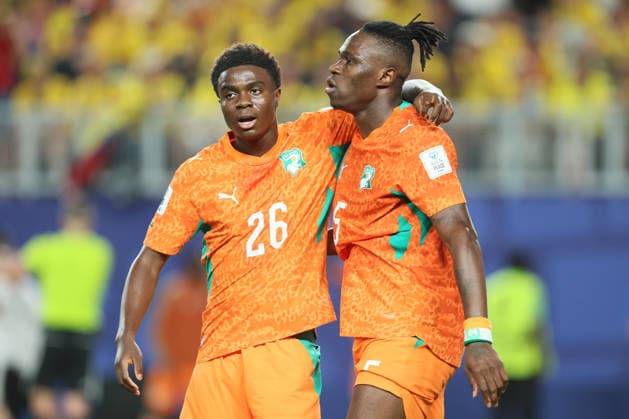 Cote D Ivoire v Ecuador: Group E - FIFA World Cup, WM, Weltmeisterschaft, Fussball 2026 Christ Inao Oulai of Cote D Ivoire and Wilfried Singo of Cote D Ivoire celebrate 1st goal during the FIFA World Cup 2026 Group E match between Cote D Ivoire and Ecuador at Philadelphia Stadium on June 14, 2026 in Philadelphia, United States. WARNING! This Photograph May Only Be Used For Newspaper And Or Magazine Editorial Purposes. May Not Be Used For Publications Involving 1 player, 1 Club Or 1 Competition Without Written Authorisation From Football DataCo Ltd. For Any Queries, Please Contact Football DataCo Ltd on +44 (0) 207 864 9121 Philadelphia Philadelphia Stadium PA United States Copyright: xAllstarxPicturexLibraryxLtdx