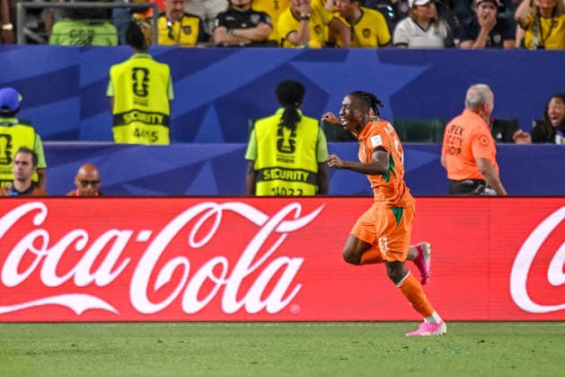 Yan Diomande (Ivory Coast) celebrates after scoring his team s first goal during the FIFA World Cup, WM, Weltmeisterschaft, Fussball 2026 Group E match between Cote D Ivoire and Ecuador at Philadelphia Stadium on June 14, 2026 in Philadelphia, United States. (Photo by Harry Langer DeFodi Images) -