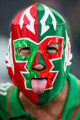260614 A Mexican fan with a Lucha Libre mask during the FIFA World Cup, WM, Weltmeisterschaft, Fussball 2026 football match between Sweden and Tunisia on June 14, 2026 in Monterrey. Photo: Joel Marklund BILDBYRAN kod JM PA1234 bbeng fotboll football soccer fotball vm fotbolls-vm fotball-vm fotbolls-vm 2026 fifa world cup 2026 sverige sweden sverige a tunisien tunisia publik