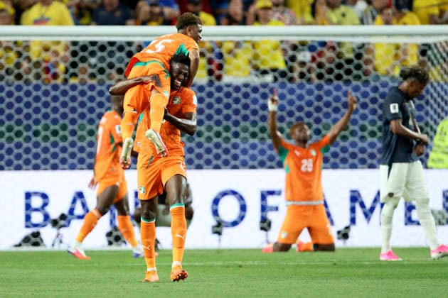 Cote D Ivoire v Ecuador: Group E - FIFA World Cup, WM, Weltmeisterschaft, Fussball 2026 Amad Diallo and Ibrahim Sangare of Cote D Ivoire celebrate after winning the FIFA World Cup 2026 Group E match between Cote D Ivoire and Ecuador at Philadelphia Stadium on June 14, 2026 in Philadelphia, United States. WARNING! This Photograph May Only Be Used For Newspaper And Or Magazine Editorial Purposes. May Not Be Used For Publications Involving 1 player, 1 Club Or 1 Competition Without Written Authorisation From Football DataCo Ltd. For Any Queries, Please Contact Football DataCo Ltd on +44 (0) 207 864 9121 Philadelphia Philadelphia Stadium PA United States Copyright: xAllstarxPicturexLibraryxLtdx