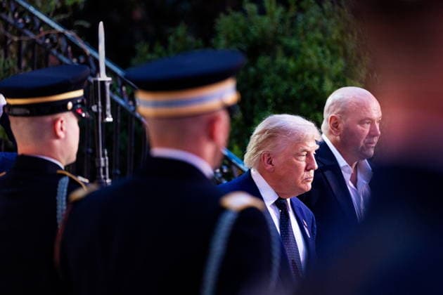 US President Donald Trump hosts UFC Freedom 250 at the White House US President Donald Trump (C) and Ultimate Fighting Championship (UFC) President and CEO Dana White (R) head toward the UFC Freedom 250 mixed martial arts event on the South Lawn of the White House in Washington, DC, USA, 14 June 2026. The event is taking place on the 80th birthday of President Trump. Washington DC United States  Copyright: xDemetriusxFreemanx xPOOLx