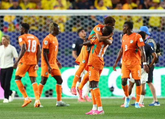 Philadelphia, USA, 14th June 2026. Amad Diallo (L) of Ivory Coast celebrates with Nicolas Pepe of Ivory Coast after the Ivory Coast vs Ecuador FIFA World Cup, WM, Weltmeisterschaft, Fussball match at Lincoln Financial Field, Philadelphia. Picture credit should read: Paul Terry Sportimage EDITORIAL USE ONLY. No use with unauthorised audio, video, data, fixture lists, club league logos or live services. Online in-match use limited to 120 images, no video emulation. No use in betting, games or single club league player publications. SPI_069_PT_Ivory_Coast_Ecuador SPI-4836-0069