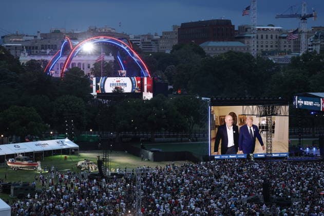 UFC Freedom 250 Fans watch U.S. President Donald Trump and UFC President and CEO Dana White walk out of the Oval Office on the big screen at the UFC Freedom 250 Fan Fest for the UFC Freedom 250 fights on The Ellipse in Washington, DC, USA, 14 June 2026. US President Donald Trump is hosting the mixed martial arts matches to mark his 80th birthday, which the White House has described as a once-in-a-generation celebration of the American fighting spirit. Washington DC United States  Copyright: xKevinxDietschx xPOOLx