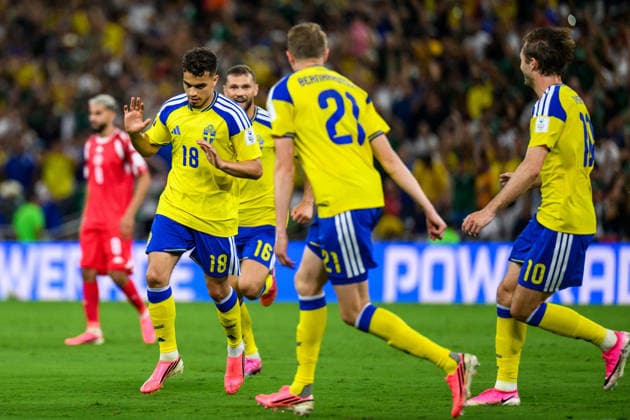 260614 Yasin Ayari of Sweden celebrates after scoring 1-0 during the FIFA World Cup, WM, Weltmeisterschaft, Fussball 2026 football match between Sweden and Tunisia on June 14, 2026 in Monterrey. Photo: Joel Marklund BILDBYRAN kod JM PA1234 bbeng fotboll football soccer fotball vm fotbolls-vm fotball-vm fotbolls-vm 2026 fifa world cup 2026 sverige sweden sverige a tunisien tunisia jubel