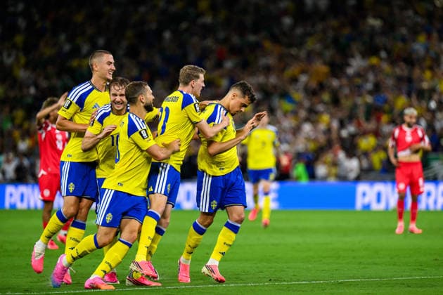 260614 Gustaf Lagerbielke, Benjamin Nygren, Jesper Karlström and Alexander Bernhardsson celebrate with Yasin Ayari of Sweden after 1-0 during the FIFA World Cup, WM, Weltmeisterschaft, Fussball 2026 football match between Sweden and Tunisia on June 14, 2026 in Monterrey. Photo: Joel Marklund BILDBYRAN kod JM PA1234 bbeng fotboll football soccer fotball vm fotbolls-vm fotball-vm fotbolls-vm 2026 fifa world cup 2026 sverige sweden sverige a tunisien tunisia jubel