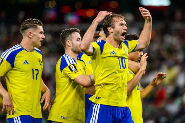 260614 Viktor Gyökeres, Gabriel Gudmundsson, Benjamin Nygren and Yasin Ayari of Sweden celebrate after 1-0 during the FIFA World Cup, WM, Weltmeisterschaft, Fussball 2026 football match between Sweden and Tunisia on June 14, 2026 in Monterrey. Photo: Joel Marklund BILDBYRAN kod JM PA1234 bbeng fotboll football soccer fotball vm fotbolls-vm fotball-vm fotbolls-vm 2026 fifa world cup 2026 sverige sweden sverige a tunisien tunisia jubel