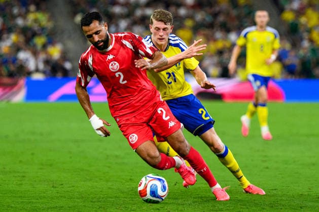260614 Ali Abdi of Tunisia and Alexander Bernhardsson of Sweden during the FIFA World Cup, WM, Weltmeisterschaft, Fussball 2026 football match between Sweden and Tunisia on June 14, 2026 in Monterrey. Photo: Joel Marklund BILDBYRAN kod JM PA1234 bbeng fotboll football soccer fotball vm fotbolls-vm fotball-vm fotbolls-vm 2026 fifa world cup 2026 sverige sweden sverige a tunisien tunisia