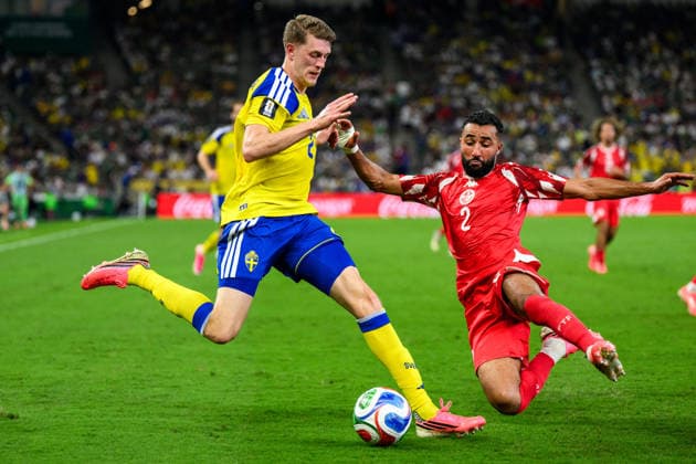 260614 Alexander Bernhardsson of Sweden and Ali Abdi of Tunisia during the FIFA World Cup, WM, Weltmeisterschaft, Fussball 2026 football match between Sweden and Tunisia on June 14, 2026 in Monterrey. Photo: Joel Marklund BILDBYRAN kod JM PA1234 bbeng fotboll football soccer fotball vm fotbolls-vm fotball-vm fotbolls-vm 2026 fifa world cup 2026 sverige sweden sverige a tunisien tunisia