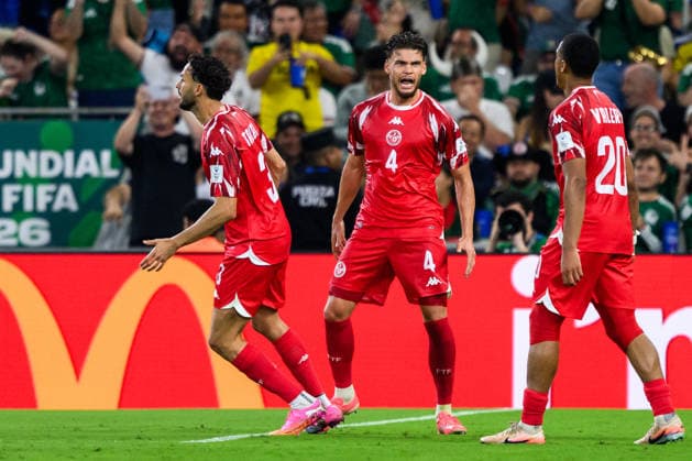 260614 Omar Rekik of Tunisia celebrates after scoring 2-1 during the FIFA World Cup, WM, Weltmeisterschaft, Fussball 2026 football match between Sweden and Tunisia on June 14, 2026 in Monterrey. Photo: Petter Arvidson BILDBYRAN kod PA PA1234 bbeng fotboll football soccer fotball vm fotbolls-vm fotball-vm fotbolls-vm 2026 fifa world cup 2026 sverige sweden sverige a tunisien tunisia bbauto jubel
