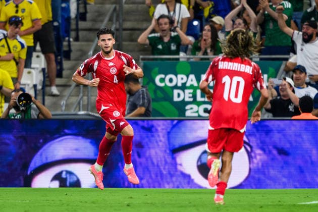 260614 Omar Rekik of Tunisia celebrates after scoring 2-1 during the FIFA World Cup, WM, Weltmeisterschaft, Fussball 2026 football match between Sweden and Tunisia on June 14, 2026 in Monterrey. Photo: Petter Arvidson BILDBYRAN kod PA PA1234 bbeng fotboll football soccer fotball vm fotbolls-vm fotball-vm fotbolls-vm 2026 fifa world cup 2026 sverige sweden sverige a tunisien tunisia bbauto jubel