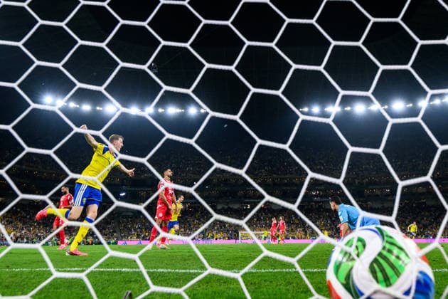 260614 Alexander Bernhardsson of Sweden after 2-0 scored by Alexander Isak (not pictured) during the FIFA World Cup, WM, Weltmeisterschaft, Fussball 2026 football match between Sweden and Tunisia on June 14, 2026 in Monterrey. Photo: Joel Marklund BILDBYRAN kod JM PA1234 bbeng fotboll football soccer fotball vm fotbolls-vm fotball-vm fotbolls-vm 2026 fifa world cup 2026 sverige sweden sverige a tunisien tunisia jubel