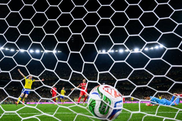 260614 Alexander Bernhardsson of Sweden after 2-0 scored by Alexander Isak (not pictured) during the FIFA World Cup, WM, Weltmeisterschaft, Fussball 2026 football match between Sweden and Tunisia on June 14, 2026 in Monterrey. Photo: Joel Marklund BILDBYRAN kod JM PA1234 bbeng fotboll football soccer fotball vm fotbolls-vm fotball-vm fotbolls-vm 2026 fifa world cup 2026 sverige sweden sverige a tunisien tunisia jubel