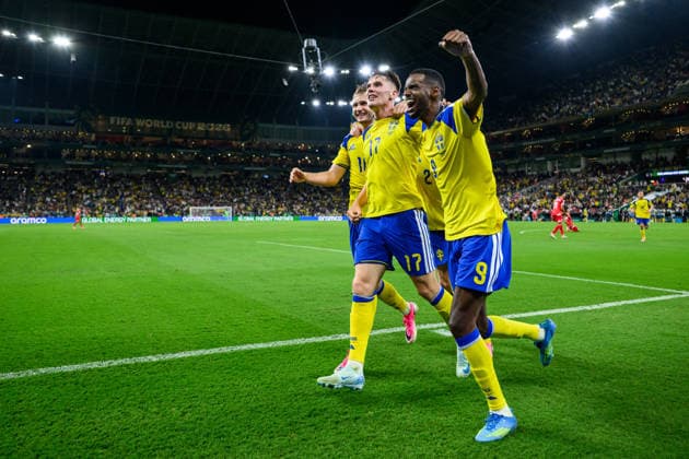 260614 Benjamin Nygren, Viktor Gyökeres, Alexander Bernhardsson and Alexander Isak of Sweden celebrate after scoring 3-1 during the FIFA World Cup, WM, Weltmeisterschaft, Fussball 2026 football match between Sweden and Tunisia on June 14, 2026 in Monterrey. Photo: Joel Marklund BILDBYRAN kod JM PA1234 bbeng fotboll football soccer fotball vm fotbolls-vm fotball-vm fotbolls-vm 2026 fifa world cup 2026 sverige sweden sverige a tunisien tunisia jubel