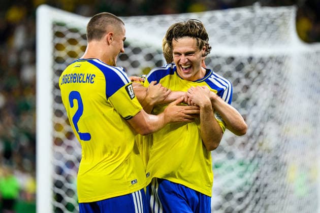 260614 Gustaf Lagerbielke, Lucas Bergvall and Mattias Svanberg of Sweden celebrate after 4-1 during the FIFA World Cup, WM, Weltmeisterschaft, Fussball 2026 football match between Sweden and Tunisia on June 14, 2026 in Monterrey. Photo: Joel Marklund BILDBYRAN kod JM PA1234 bbeng fotboll football soccer fotball vm fotbolls-vm fotball-vm fotbolls-vm 2026 fifa world cup 2026 sverige sweden sverige a tunisien tunisia jubel