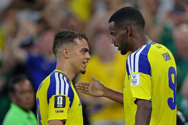 June 14, 2026, Monterrey, Mexico: Alexander Isak of Sweden celebrates after scoring the second goal of his team with Yasin Ayari during the match between Sweden and Tunisia for the 1st round of the group F of the FIFA World Cup, WM, Weltmeisterschaft, Fussball 2026 at Monterrey Stadium on June 14, 2026 in Monterrey, Mexico. Photo: DiaEsportivo FIFA World Cup 2026, Sweden Vs Tunisia, Monterrey, Mexico  - ZUMAh208 20260614_zsp_h208_018 Copyright: xHeulerxAndreyx