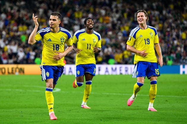 260614 Yasin Ayari of Sweden celebrates after scoring 5-1 during the FIFA World Cup, WM, Weltmeisterschaft, Fussball 2026 football match between Sweden and Tunisia on June 14, 2026 in Monterrey. Photo: Petter Arvidson BILDBYRAN kod PA PA1234 bbeng fotboll football soccer fotball vm fotbolls-vm fotball-vm fotbolls-vm 2026 fifa world cup 2026 sverige sweden sverige a tunisien tunisia bbauto jubel